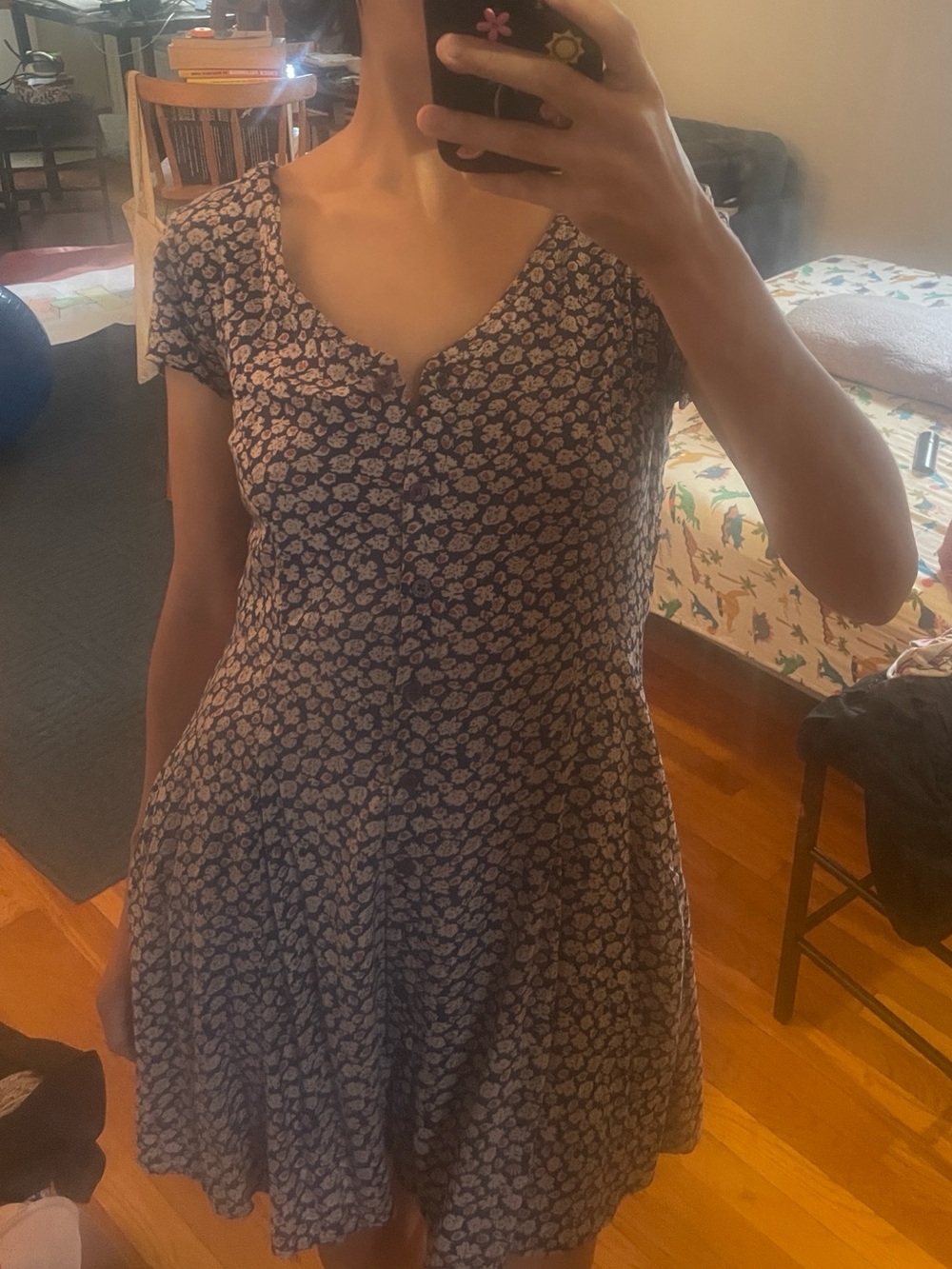 Band of Gypsies Navy Floral Midi Dress with Pink Accents